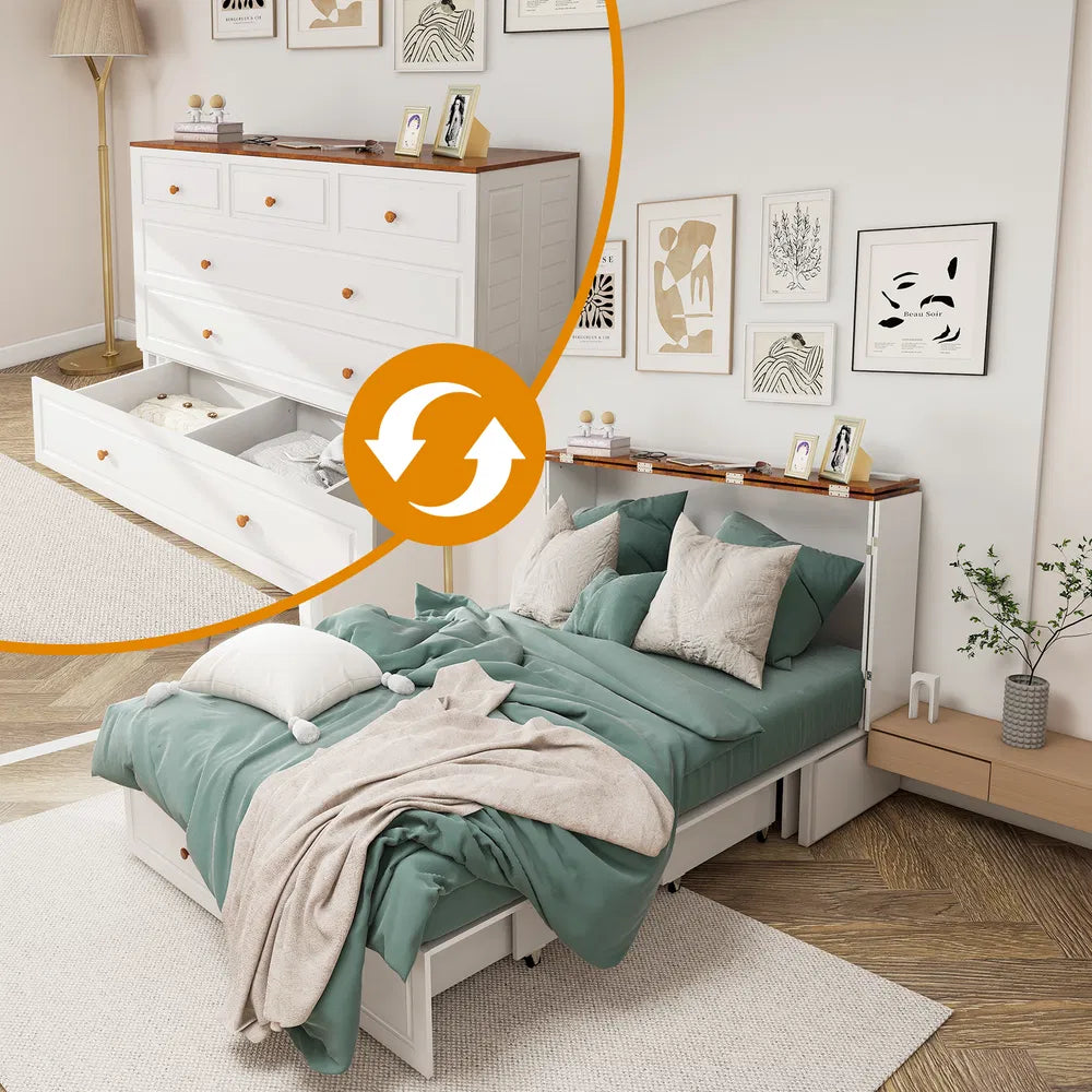 Queen-Size-Murphy-Bettgestell mit Schubladen, Murphy-Bett mit Lade-Station, 2 USB-Anschlüssen, mobiles Murphy-Bett als Schlafanordnung für vielseitige Bereiche im Schlafzimmer, Wohnzimmer, Gästezimmer, Weiß & Holz