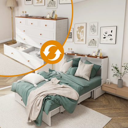 Queen-Size-Murphy-Bettgestell mit Schubladen, Murphy-Bett mit Lade-Station, 2 USB-Anschlüssen, mobiles Murphy-Bett als Schlafanordnung für vielseitige Bereiche im Schlafzimmer, Wohnzimmer, Gästezimmer, Weiß & Holz