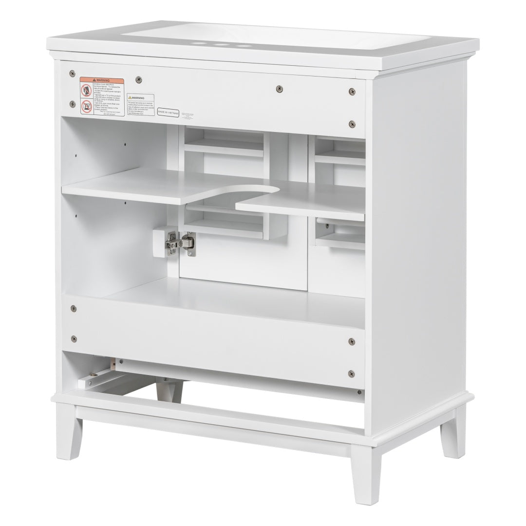 30-Zoll-Badwaschtisch mit Waschbecken-Kombination, Multifunktionaler Badezimmerschrank mit Türen und Schublade, Solider Rahmen und MDF-Platte, Weiß