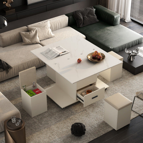 Moderner Klappbarer Couchtisch mit 4 Hocker-Set für das Wohnzimmer, ausziehbar, 1 versteckte Aufbewahrung, 2 Schubladen, platzsparender faltbarer Esstisch