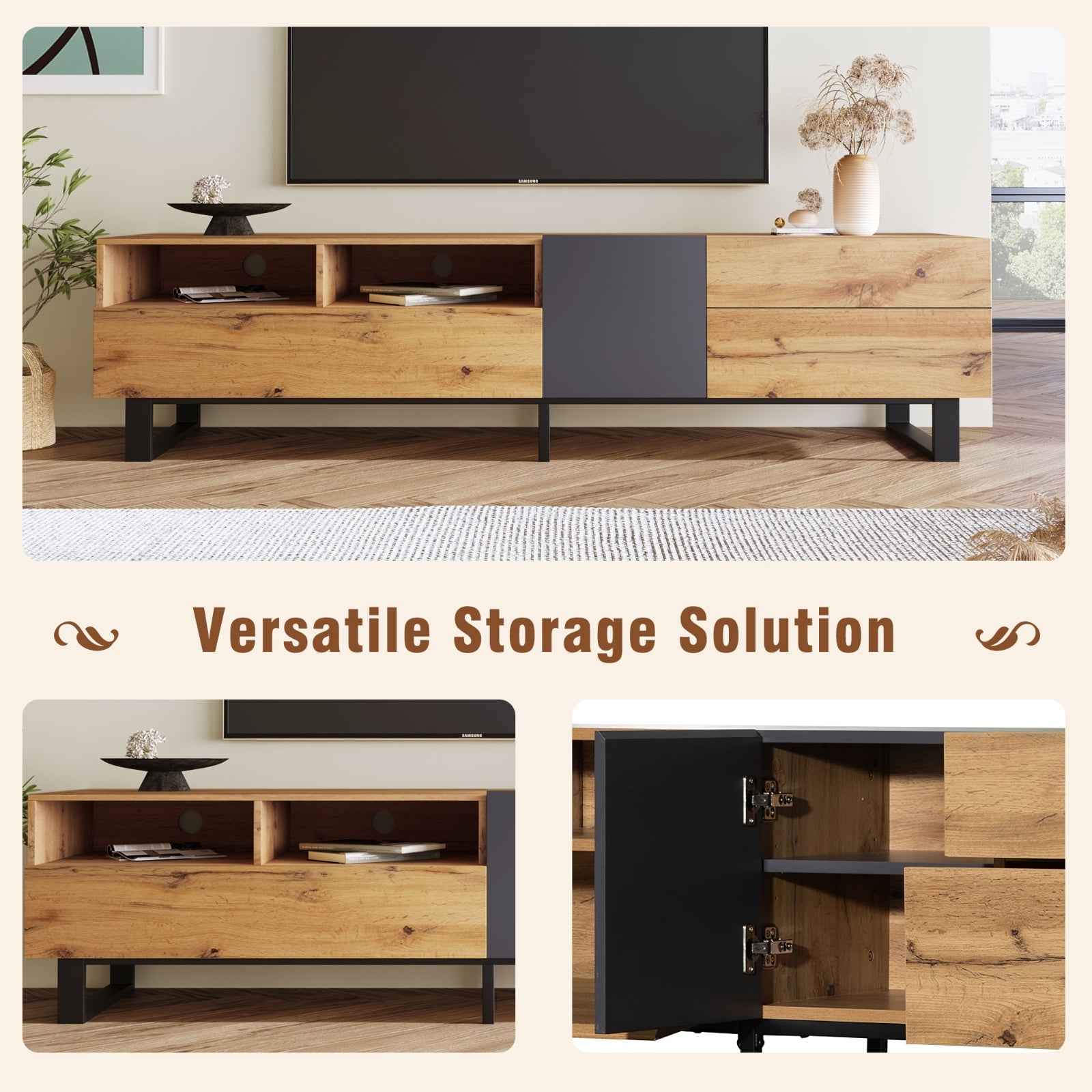 Moderne TV-Ständer für 80-Zoll-Fernseher, Doppellagerung, Medienkonsole, Unterhaltungszentrum