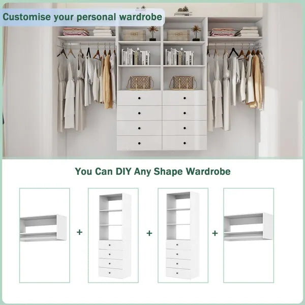 Schrank-Organisationssystem, Wandmontierter Schrankaufbewahrungsbereich mit Schubladen und Regalen, Schrankaufbewahrung für das Schlafzimmer, Weiß