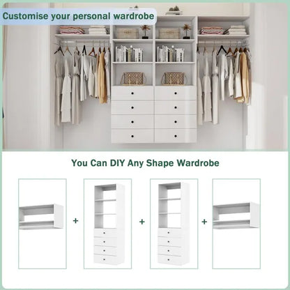 Schrank-Organisationssystem, Wandmontierter Schrankaufbewahrungsbereich mit Schubladen und Regalen, Schrankaufbewahrung für das Schlafzimmer, Weiß