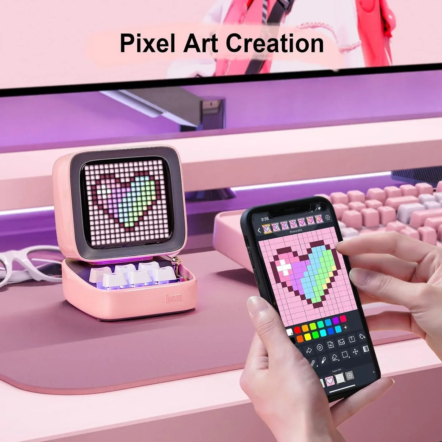 DecorBites™ Ditoo Pixel Art Game Bluetooth Speaker: 16X16 LED Display Board (Pink)