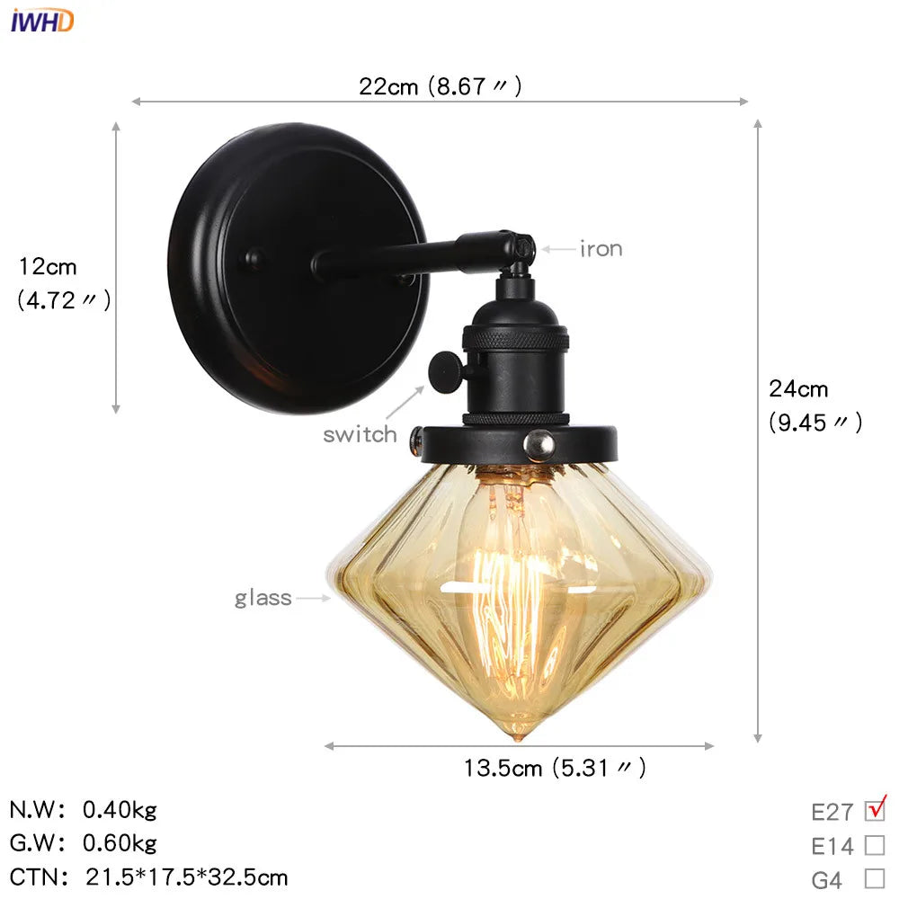 DecorBites™ Glass Ball Wall Light Switch Hallway Bathroom Mirror Stair Black Wall Sconce