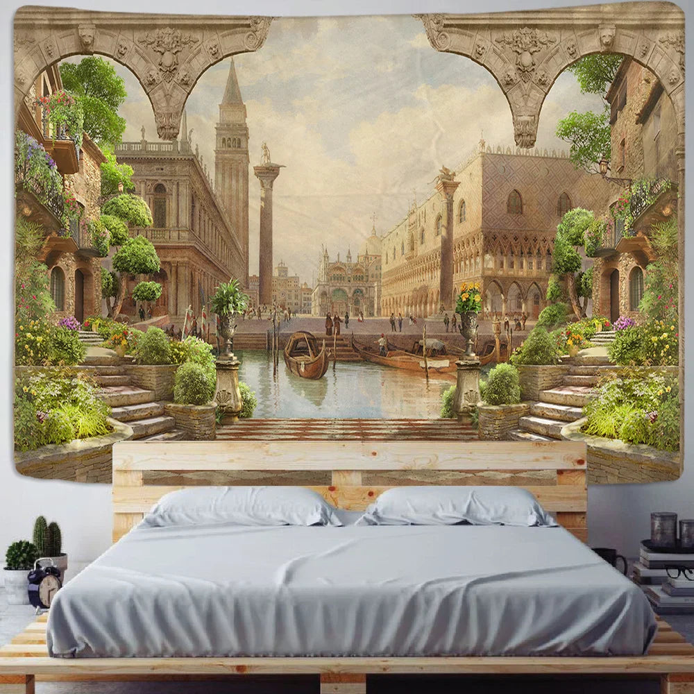 Decorbites™ Grüne Pflanzenlandschaft Wandteppich | Boho Wandbehang für Stadt Schlossberg
