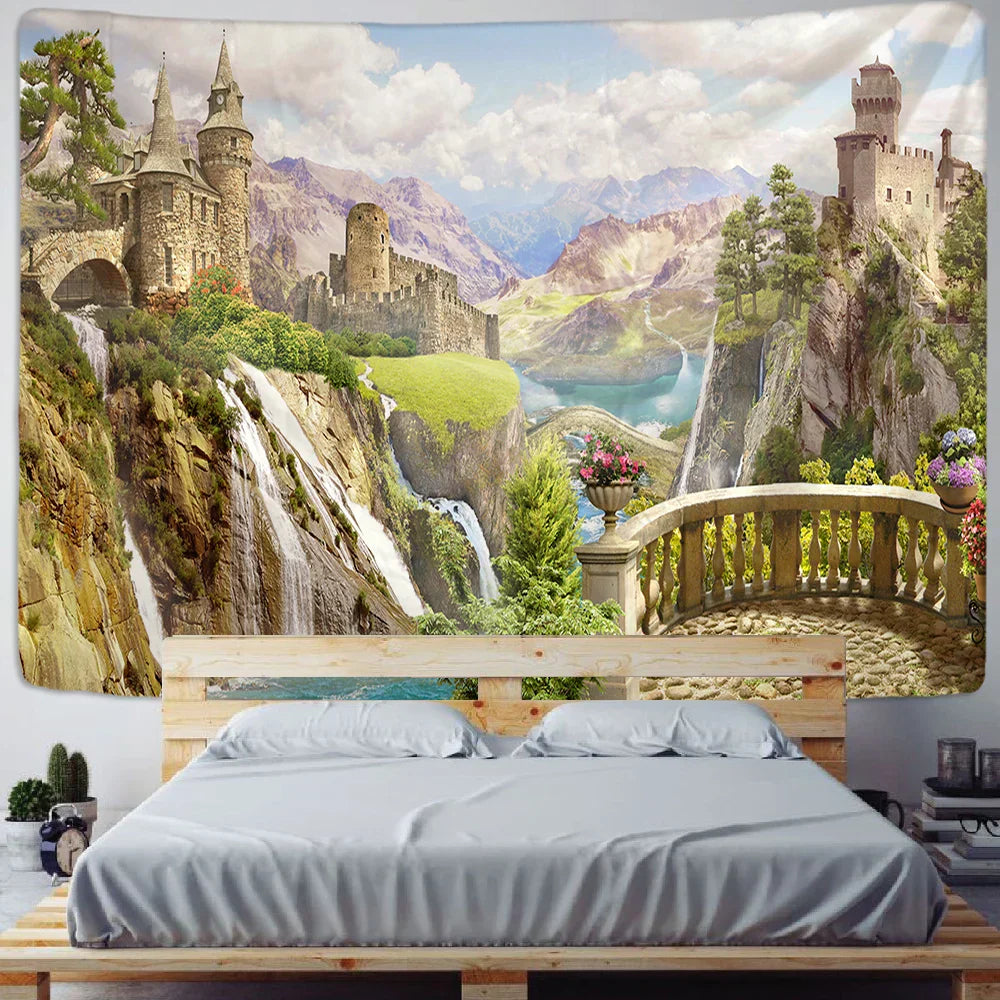 Decorbites™ Grüne Pflanzenlandschaft Wandteppich | Boho Wandbehang für Stadt Schlossberg