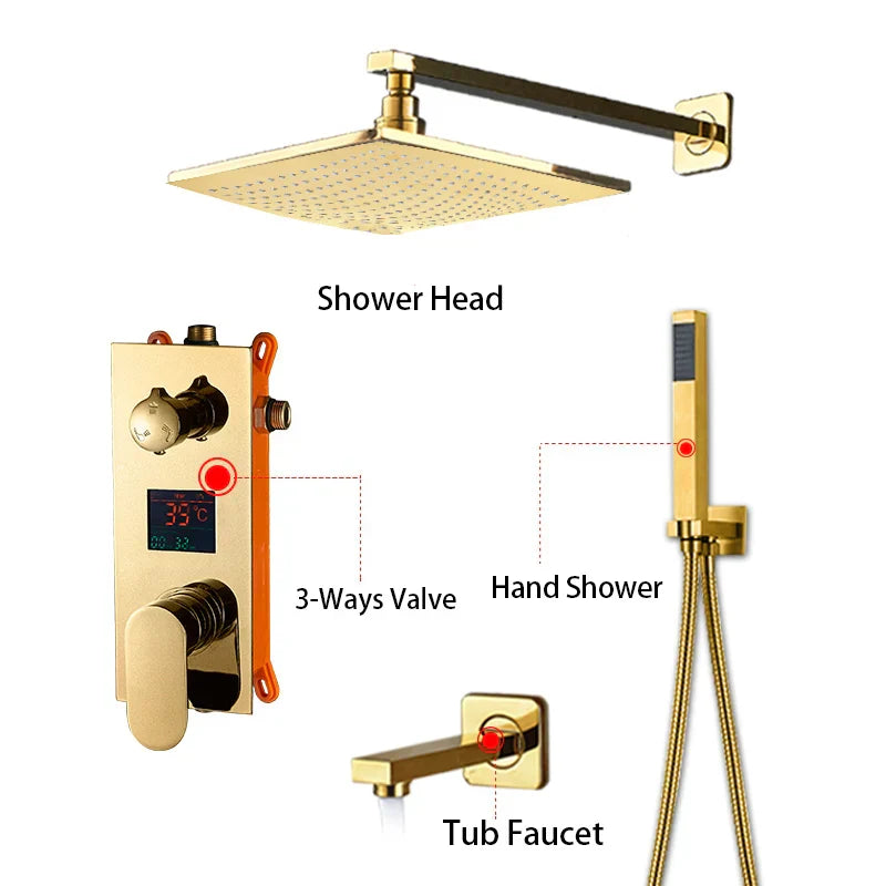 Gold Rainfall Shower Faucet With Digital Display