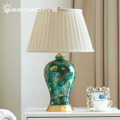 DecorBites™ Golden Leaf Green Ceramic Table Lamp - Luxury New Chinese Style for Living Room