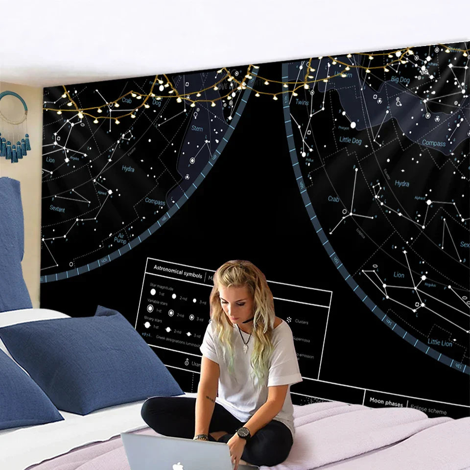 Decorbites™ Interstellare Himmelskarte Sternbilder Wandteppich – Schwarze Galaktische Wanddekoration
