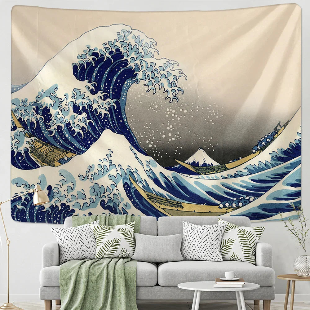 Decorbites™ Kanagawa-Wellen-Hängende Gobelin: Boho-Sonne-Wandgobelins, Bettüberwurf, Yogamatte