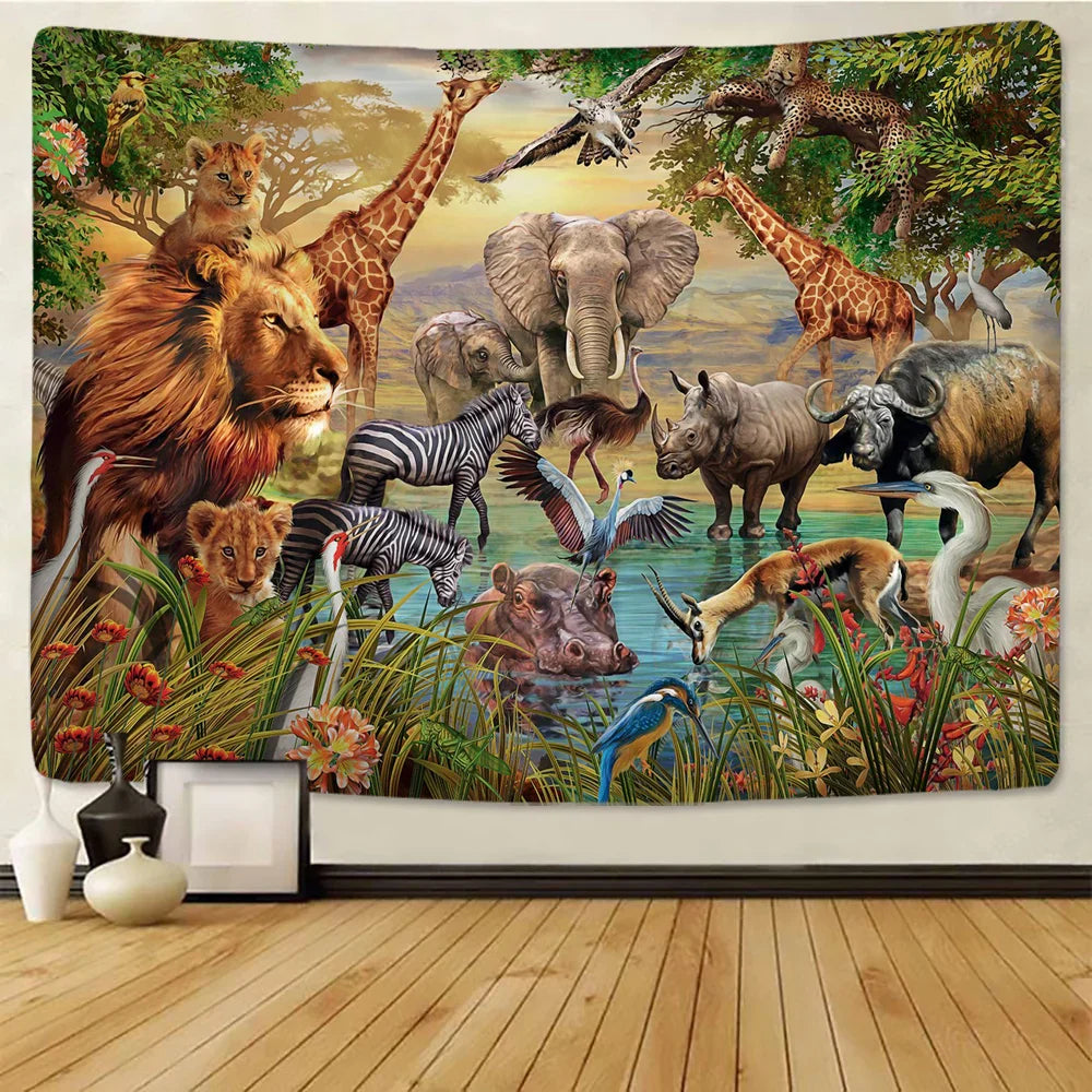 Decorbites™ Löwentapisserie Afrikanische Graslandtiere Cartoon Wandhänge-Decke