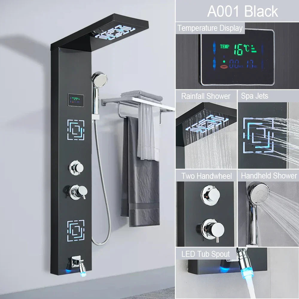 Decorbites™ LED-Licht-Duscharmatur-System: Regenwald, Massage-Düsen, Wasserfall-Panel mit Temperatursteuerung
