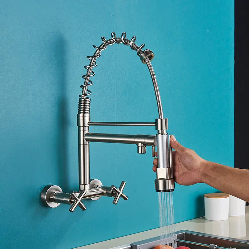 Gold Black Wall Faucet With Dual Swivel Spouts