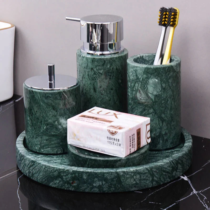 DecorBites™ Dark Green Marble Bathroom Set - Nordic Light Luxury Tray Toothbrush Holder Soap Dispenser Kit