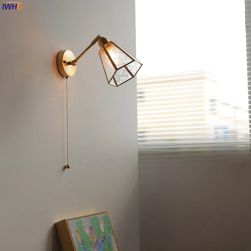 DecorBites™ Green Glass LED Wall Lights with Pull Chain Switch, Copper Finish