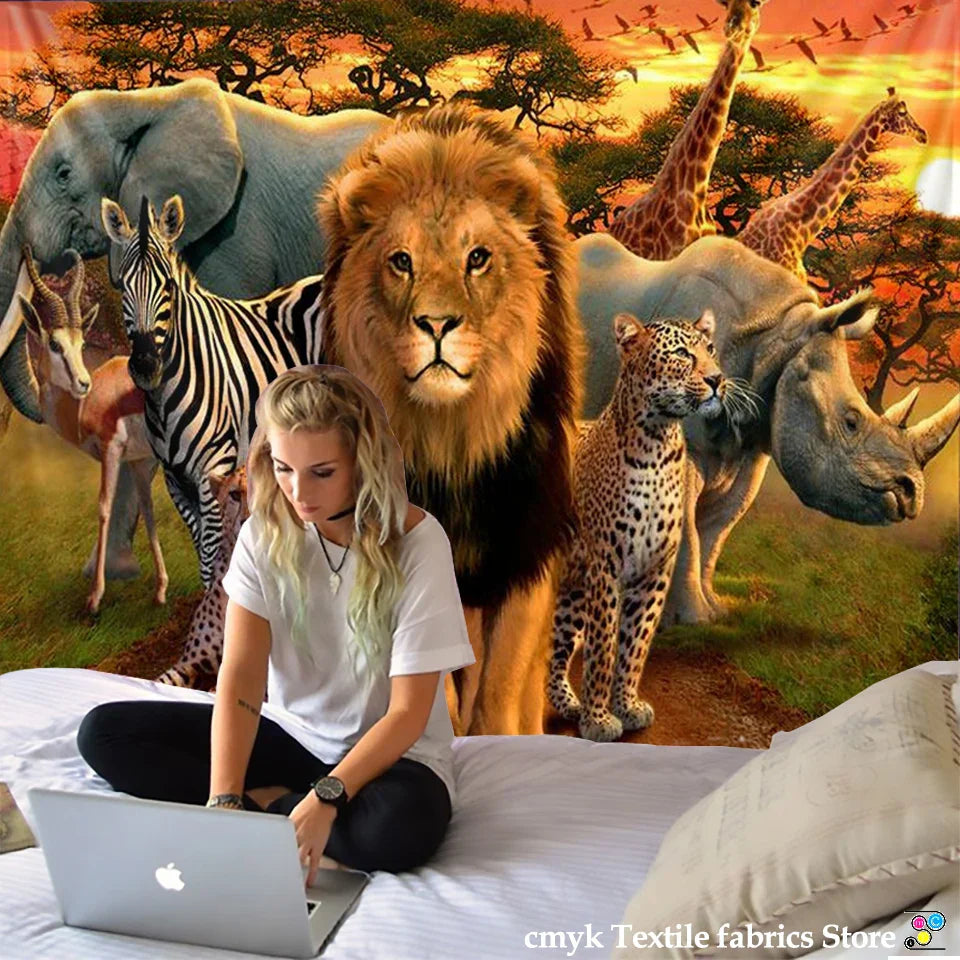 Decorbites™ Löwentapisserie Afrikanische Graslandtiere Cartoon Wandhänge-Decke