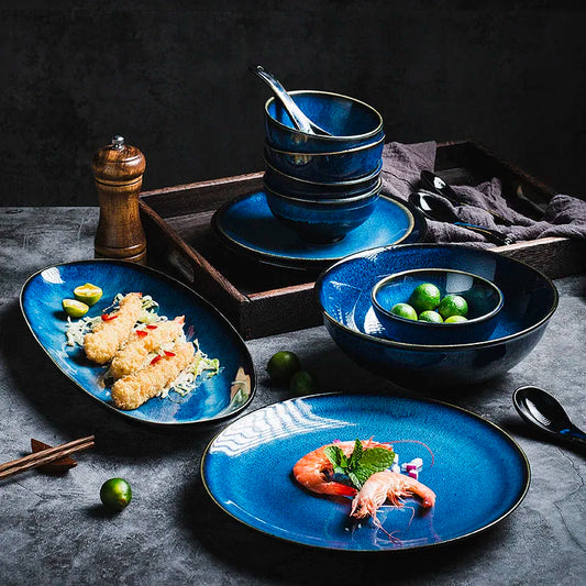 Decorbites™ Japanisches Blaues Keramisches Tafelgeschirr-Set - Reis-Schüssel, Teller, Löffel, Udon-Ramen-Schüssel, Suppenteller