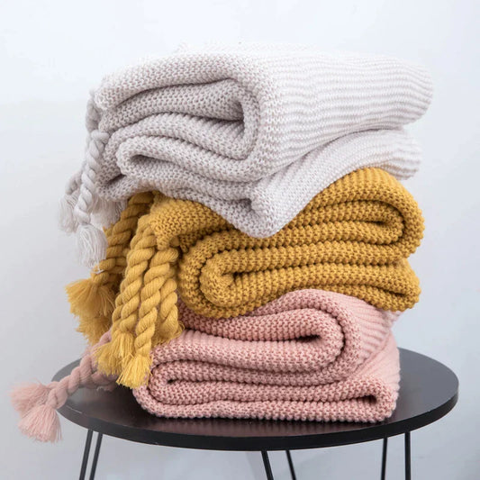 Decorbites™ Strickwurfdecke Elfenbein Rosa Einfarbig Weich Karo mit Troddeln 50"x62"