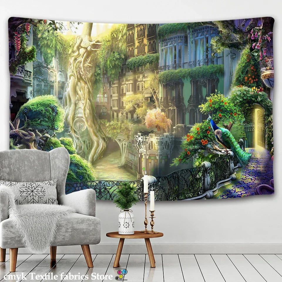 Decorbites™ Träumerisches Schloss-Pilz-Gobelin Psychedelisches Wandhänge Hippie-Kinder-Dekoration