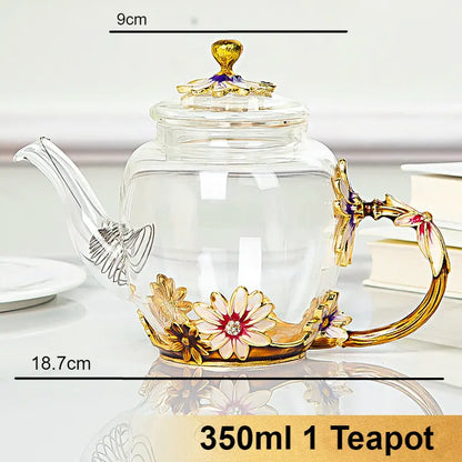 DecorBites™ Daisy Enamel Crystal Glass Teapot Set for Hot and Cold Drinks