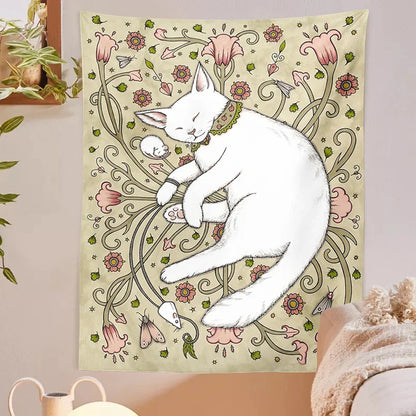 DecorBites™ Cute Cat Botanical Flower Ins Style Cartoon Wall Art Tapestries for Home Decor