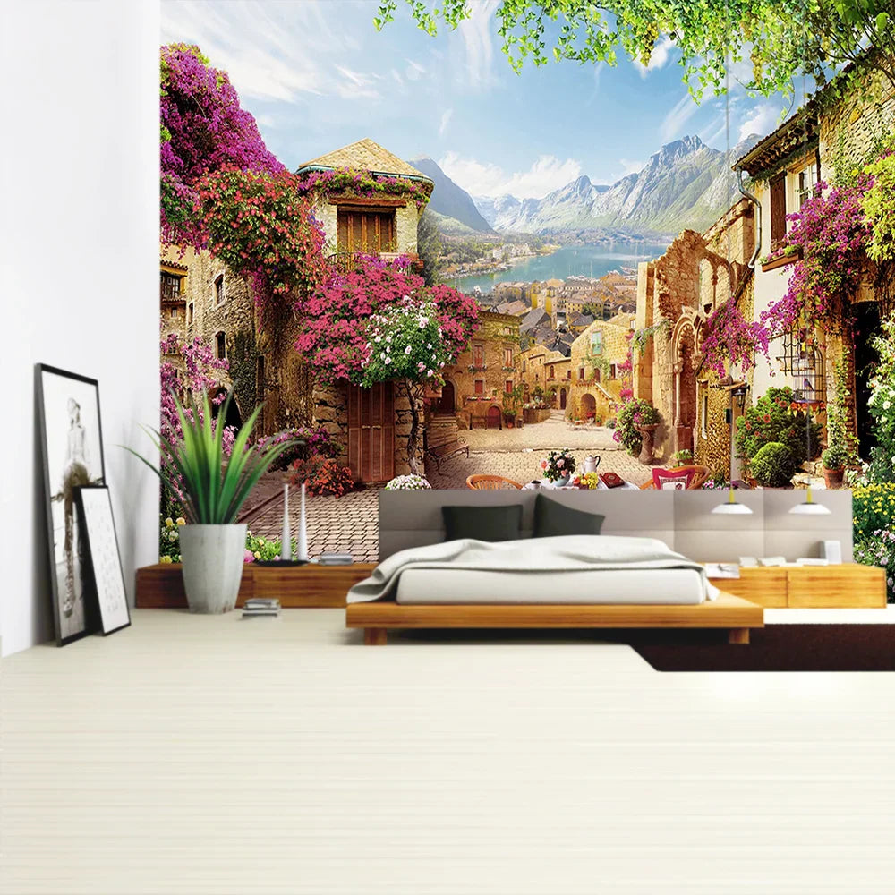 Decorbites™ Grüne Pflanzenlandschaft Wandteppich | Boho Wandbehang für Stadt Schlossberg