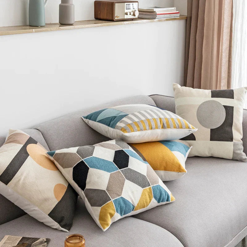 DecorBites™ Geometric Embroidery Cushion Cover Set - Blue Coffee Yellow Grey Abstract Square