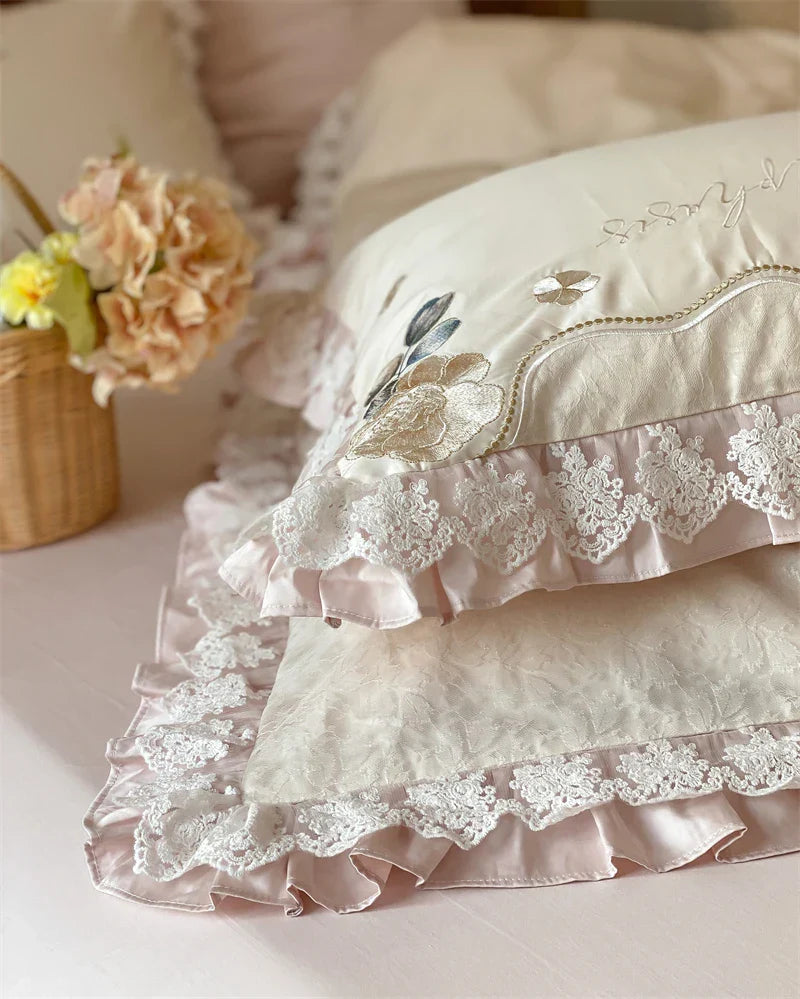 DecorBites™ French Princess 1000TC Cotton Bedding Set with Flowers Embroidery and Ruffles