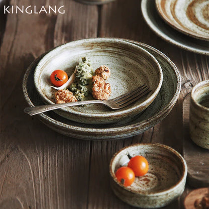Decorbites™ Japanischer Stil Handgefertigtes Steinzeug-Essgeschirr-Set – Runde Teller und Schalen