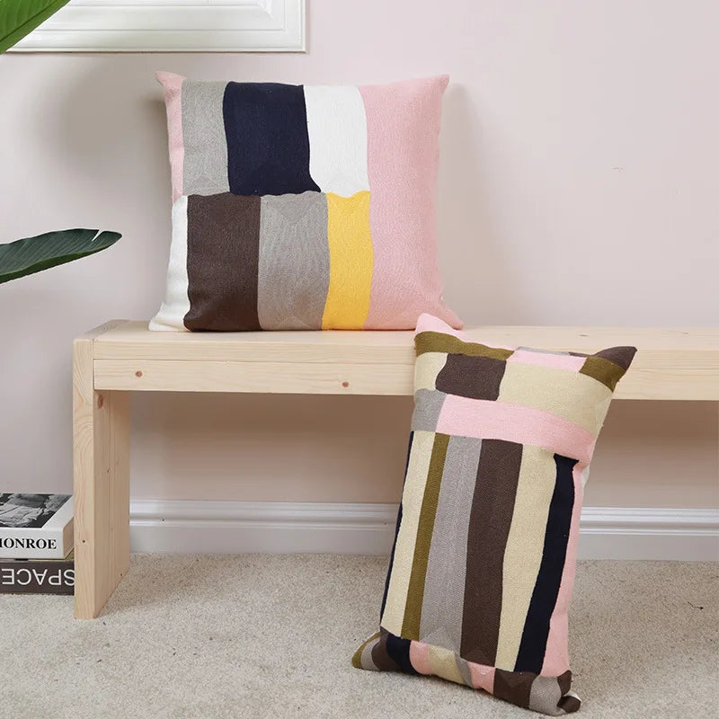 DecorBites™ Geometric Embroidery Pillow Cover 45x45cm/30x50cm Yellow Pink Abstract Design