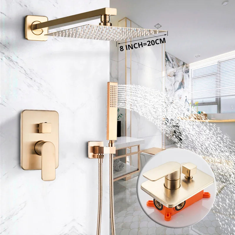 Decorbites™ Golden 8" Regenbrause-Duscharmatur-Set mit Handbrause – Wandmontierte Luxus-Mischbatterie