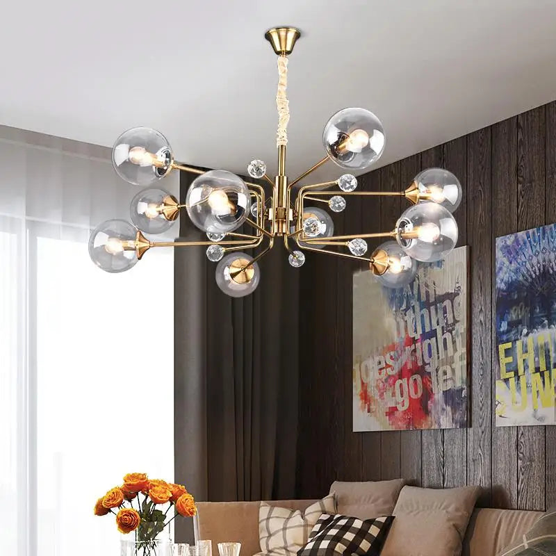 Gold Glass LED Chandelier 10-Head Clear Shades