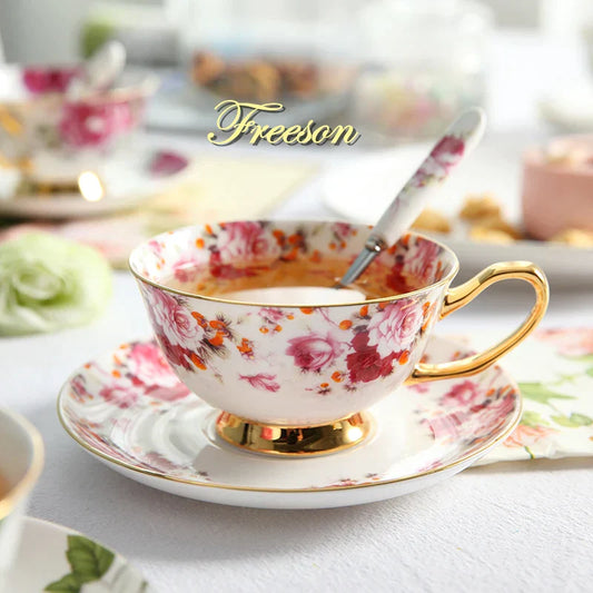 Decorbites™ Elegantes Blumen-Tee-Set - 200 ml Fassungsvermögen Porzellan-Tasse, Untertasse und Löffel
