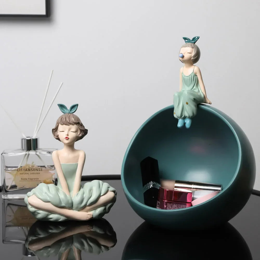 Decorbites™ Schleifenmädchen-Figur: Moderne nordische Charakterskulptur mit Aufbewahrungsbox