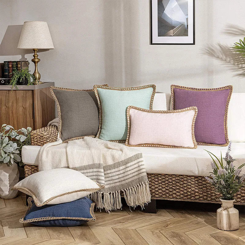 Decorbites™ Hanfseil-Rand Lotusblatt-Umarmung Kissenbezug - Mittel Baumwolle Leinen Polsterhülle