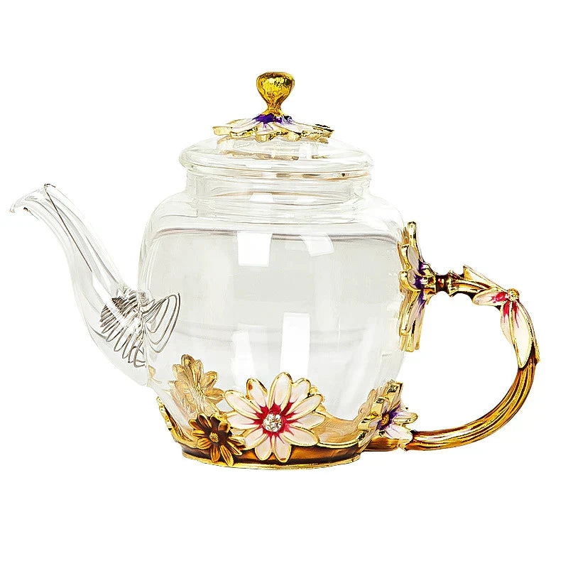 DecorBites™ Daisy Enamel Crystal Glass Teapot Set for Hot and Cold Drinks