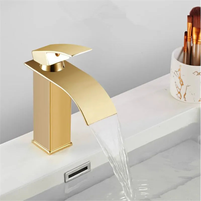 Decorbites™ Gold Wasserfall Beckenarmatur: Messing Badezimmer Mischbatterie, Heiß-Kalt Waschbeckenarmatur