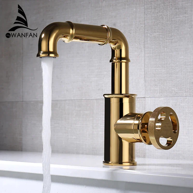 Gold Brass Basin Faucet With Solid Brass Body