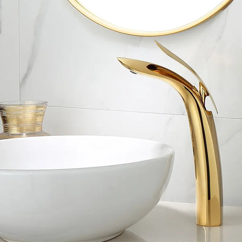 Gold Brass Basin Faucet Tall Single-Handle Style
