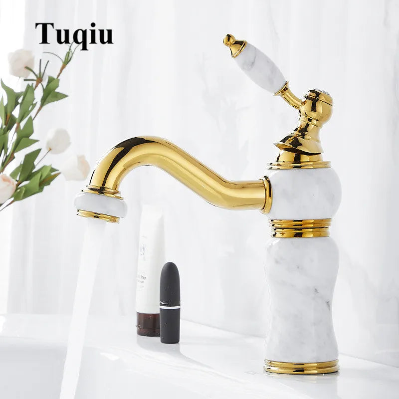 Gold Marble Basin Faucet With Pop-Up Overflow