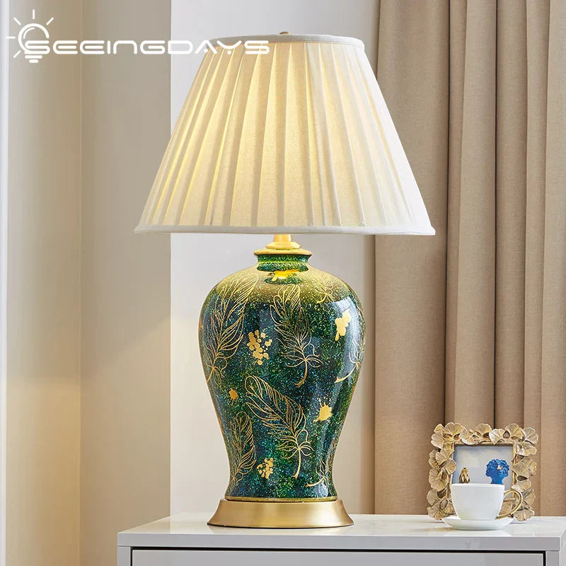 DecorBites™ Golden Leaf Green Ceramic Table Lamp - Luxury New Chinese Style for Living Room