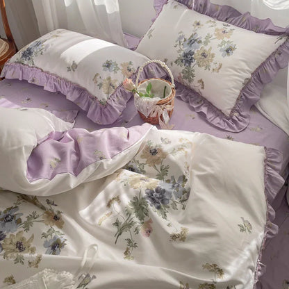 DecorBites™ Gardenia Print Princess Bedding Set with Ruffles and Pillowcases