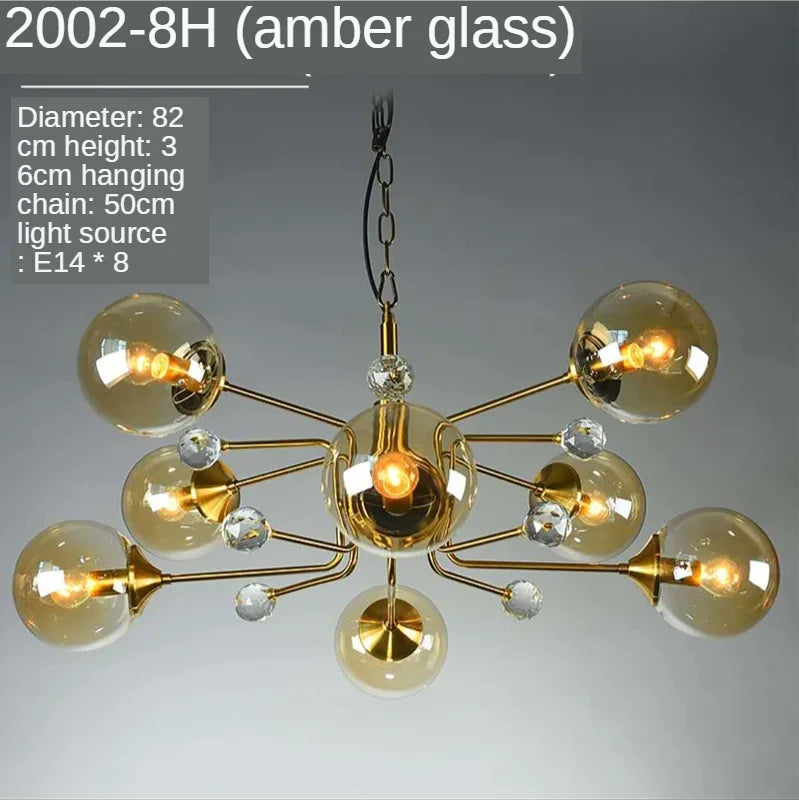 Gold Glass LED Chandelier 10-Head Clear Shades