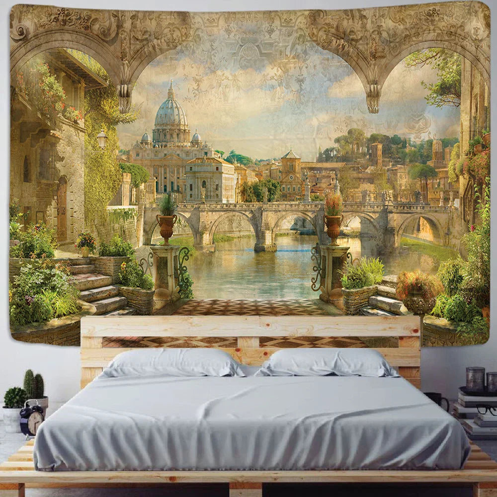 Decorbites™ Grüne Pflanzenlandschaft Wandteppich | Boho Wandbehang für Stadt Schlossberg