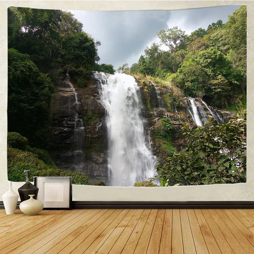 Decorbites™ Wald-Wasserfall-Kunst-Wandteppich: Boho-Hippie-Dekoration für Yogamatte, Sofa und Decke