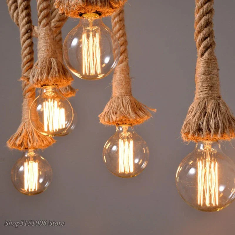 DecorBites™ Hemp Rope Pendant Chandelier: Vintage Loft Spider Design for DIY Cafe Lighting