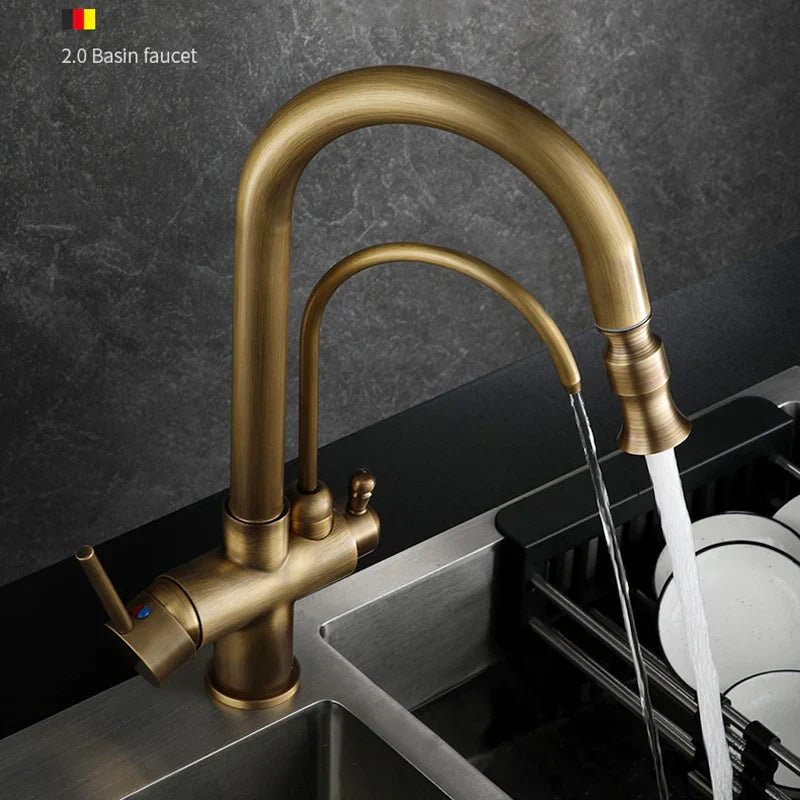 Decorbites™ Zweihand-Messing-Wasserfilter-Küchenarmatur mit herausziehbarer Reinigungsfunktion