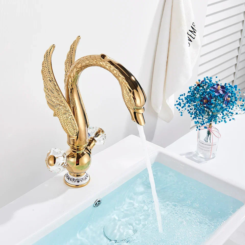 Decorbites™ Gold Swan Beckenarmatur: Aufsatz-Waschbeckenmischer mit Warm- und Kaltwasser