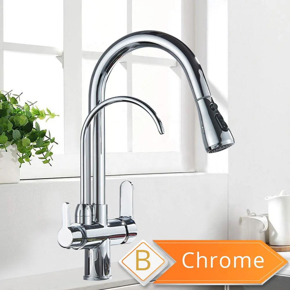 Decorbites™ 3-Wege-Wasserfilter-Küchenarmatur: Schwarzer & Goldener Kranich-Ausziehsprühkopf
